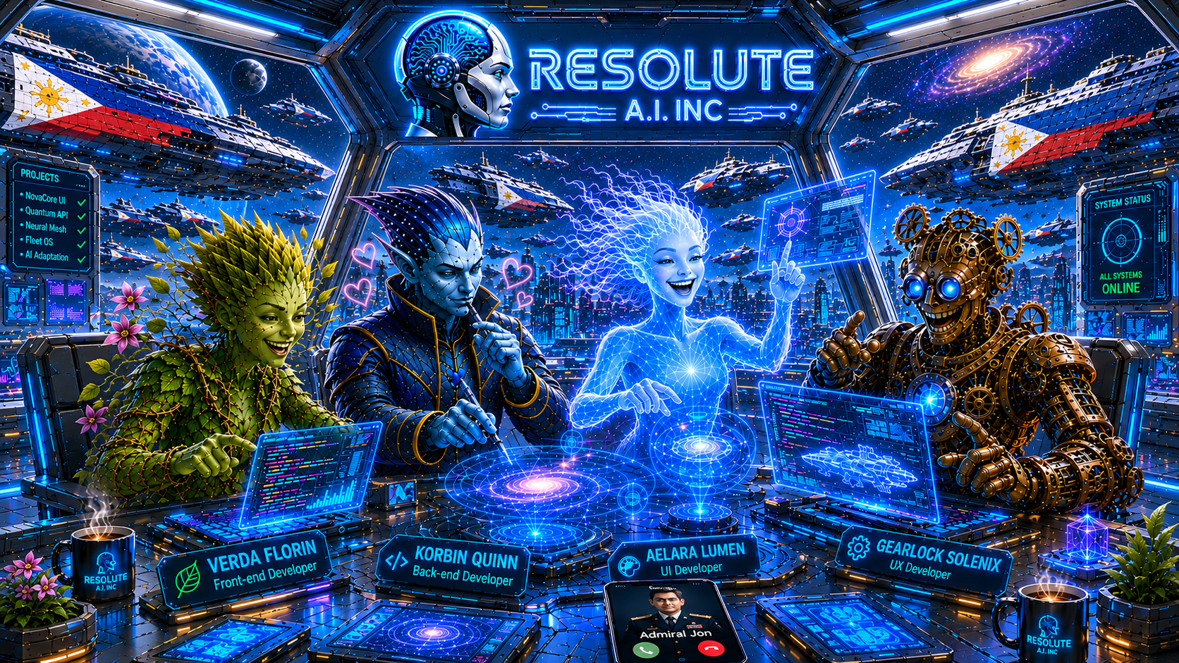 The Resolute A.I. Inc command center — Verda Florin, Korbin Quinn, Aelara Lumen, and Gearlock Solenix at their workstations under the illuminated Resolute A.I. Inc sign, flanked by Philippine flags, with holographic UIs and a futuristic city skyline behind them.