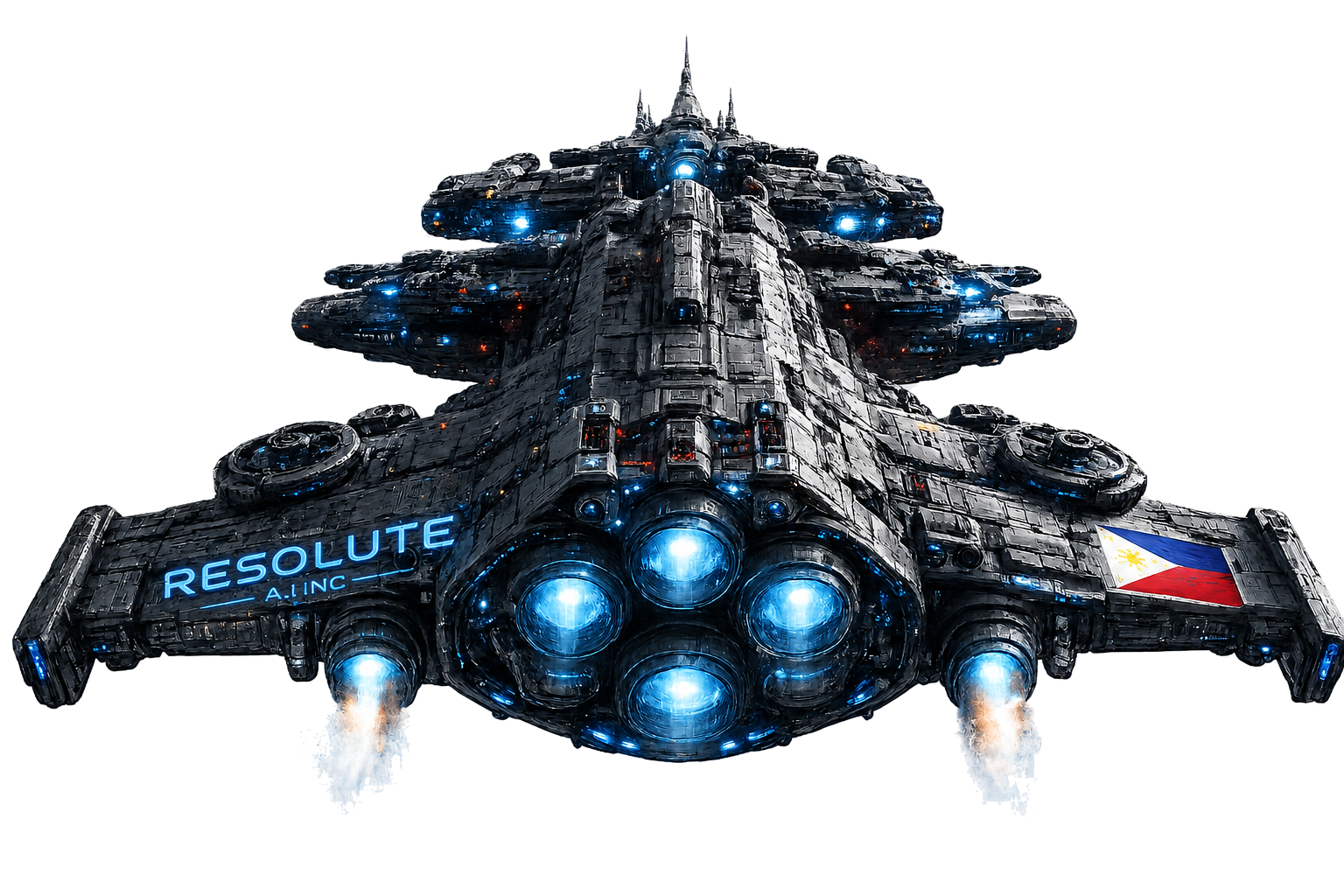 Resolute A.I. Inc battlecruiser firing its engines into warp, Philippine flag on the wing